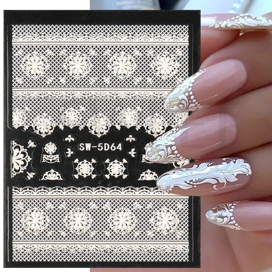 5D White Lace Embossed Nail Art Sticker Acrylic Elegant Flower Sweater
