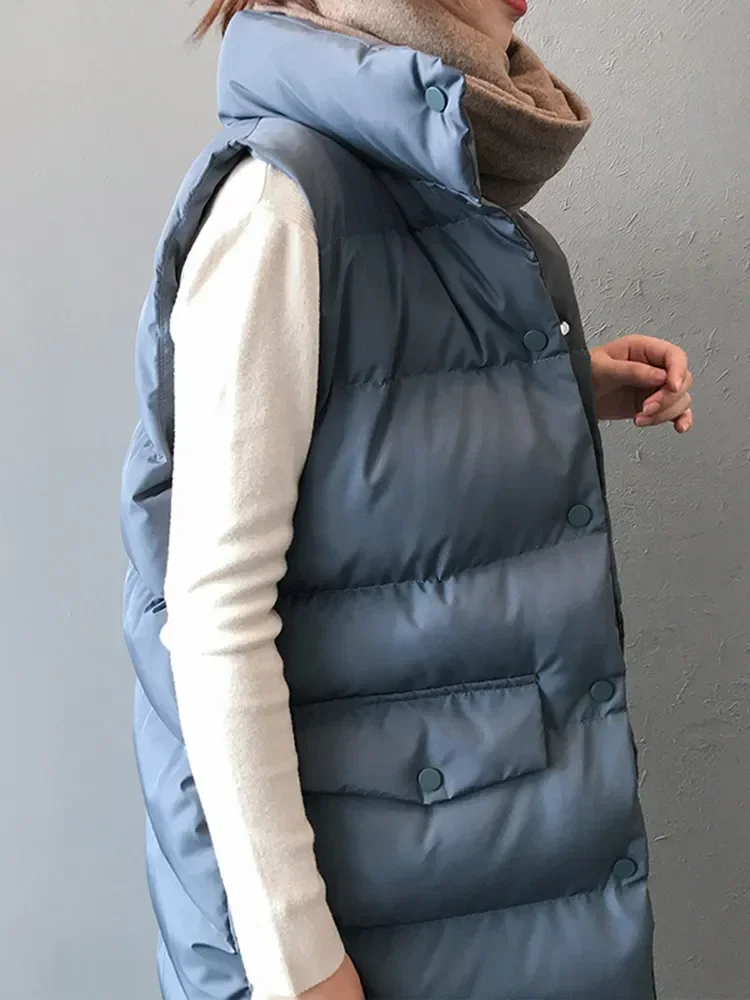 Autumn Winter Long Vest Women Cotton Sleeveless Jacket Korean Casual Solid Waistcoat Fashion Loose Warm Down Coat Veste Femme