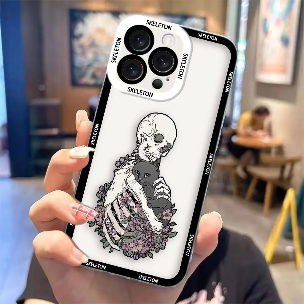 Transparent Phone Case with Terrified Skull-Headed Cat Design