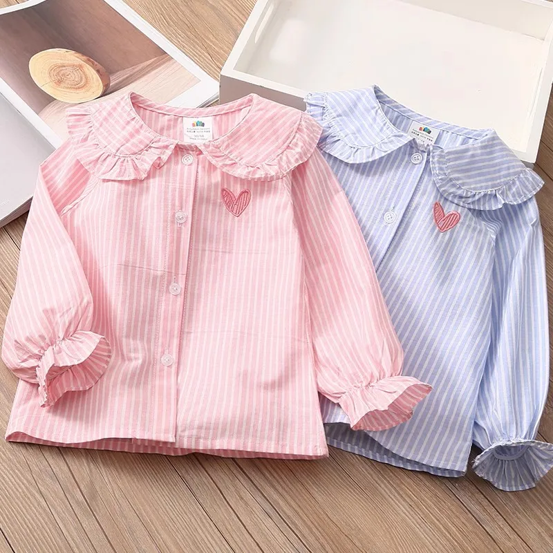 Spring Autumn 2 3 4 5 6 8 10 Years Children Long Trumpet Sleeve Striped Doll Collar Cotton Kids Baby Blouse Shirt For Girls