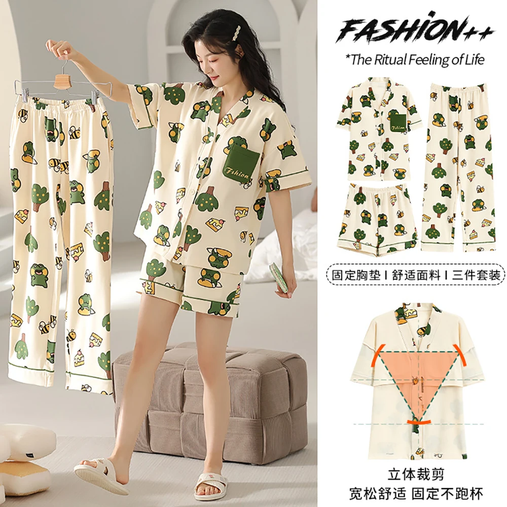 M-3XL 3PCS/Set 100% Cotton Pajamas Set With Fixed Padded Bra Spring Summer Comfort Print Sleepwear Korean Reviews Many Pajamas