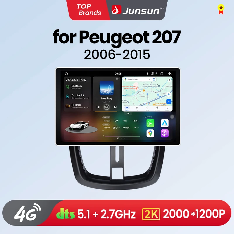 Junsun V3 Plus 2K Wireless CarPlay Android Auto Car Intelligent Systems For Peugeot 207 207CC Autoradio