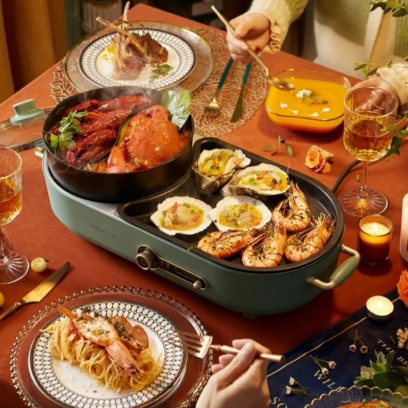 Bear 220V Two-flavour Hot Pot Household Multi-purpose Hotpot 1600W Split Large Barbecue Plate Electric Grill 5