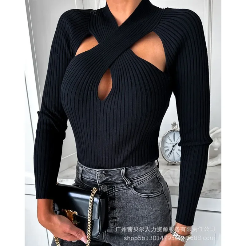 

Women Solid Color Slim Fits Skinny Jumpers Pulllovers Wepbel Cross Wool Long-Sleeved Top Sweater Criss Cross Cutout Knit Sweater