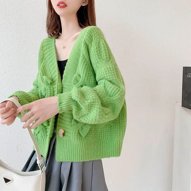 

Sweet Pink Knitting Cardigan Women's Spring Autumn V-neck Single Breasted Bow Top Thin Loose Lazy Wind Sweater Coat Female