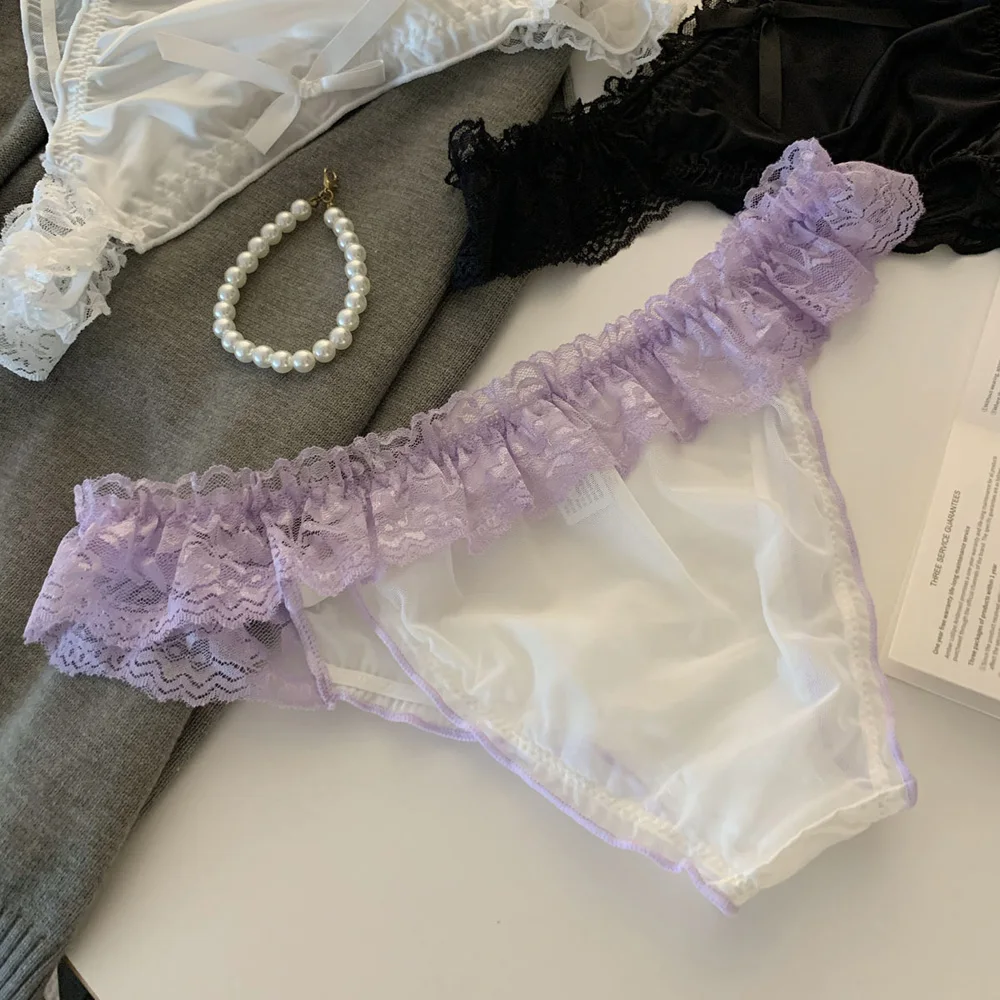 Women's Panties Lace Ruffle Satin Sexy Underwear Women's Low Waist Mesh Hollow Out Panties Sweet Girl Breathable  Briefs Lingeri