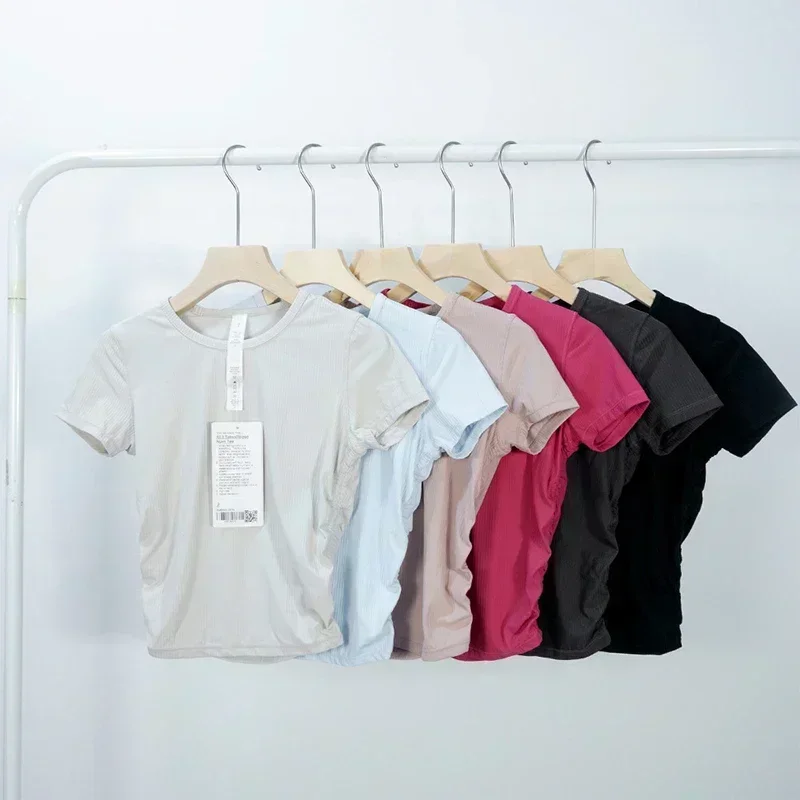 Ribbed Tight Shirt Sexy Waist Shaping Short Sleeve Shirts Cropped Top Women Gym T-shirt Breathable Yoga Clothes for Summer