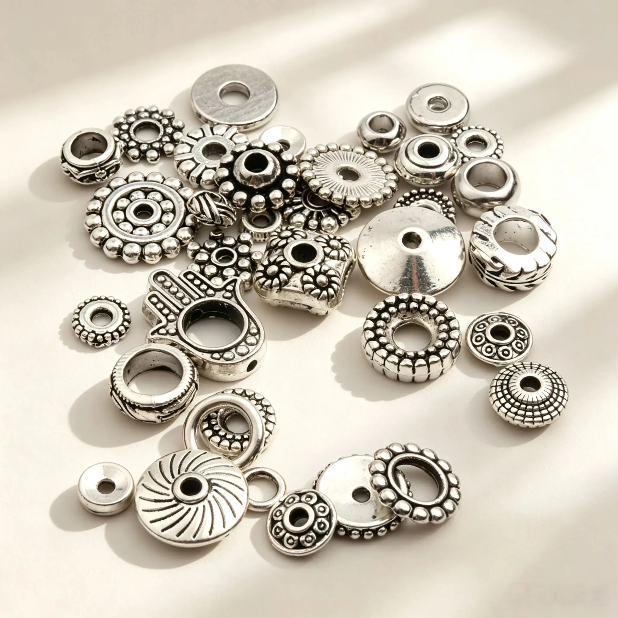 50 Stück, 32 verschiedene Arten, gemischte Metall-Abstandshalter-Perlen mit unterschiedlichen Lochgrößen für die Herstellung von Schmuck, Armbändern, Halsketten und Ohrringen – Großhandel.