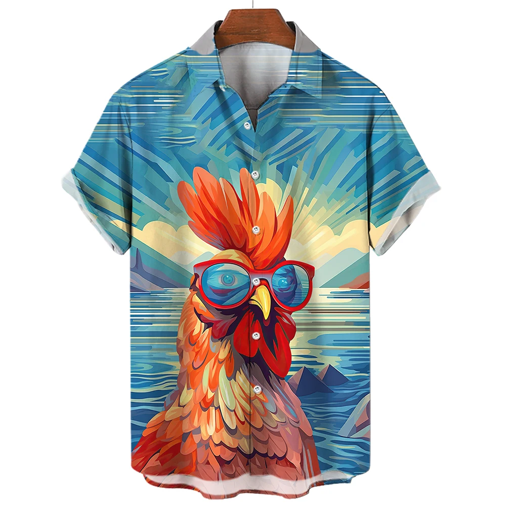 thumbnail image 1 of Camisa hawaiana elegante de manga corta con estampado de pollo de playa para hombre, estilo Harajuku Y2k, ropa informal de uso diario de gran tamaño, 1 of 4