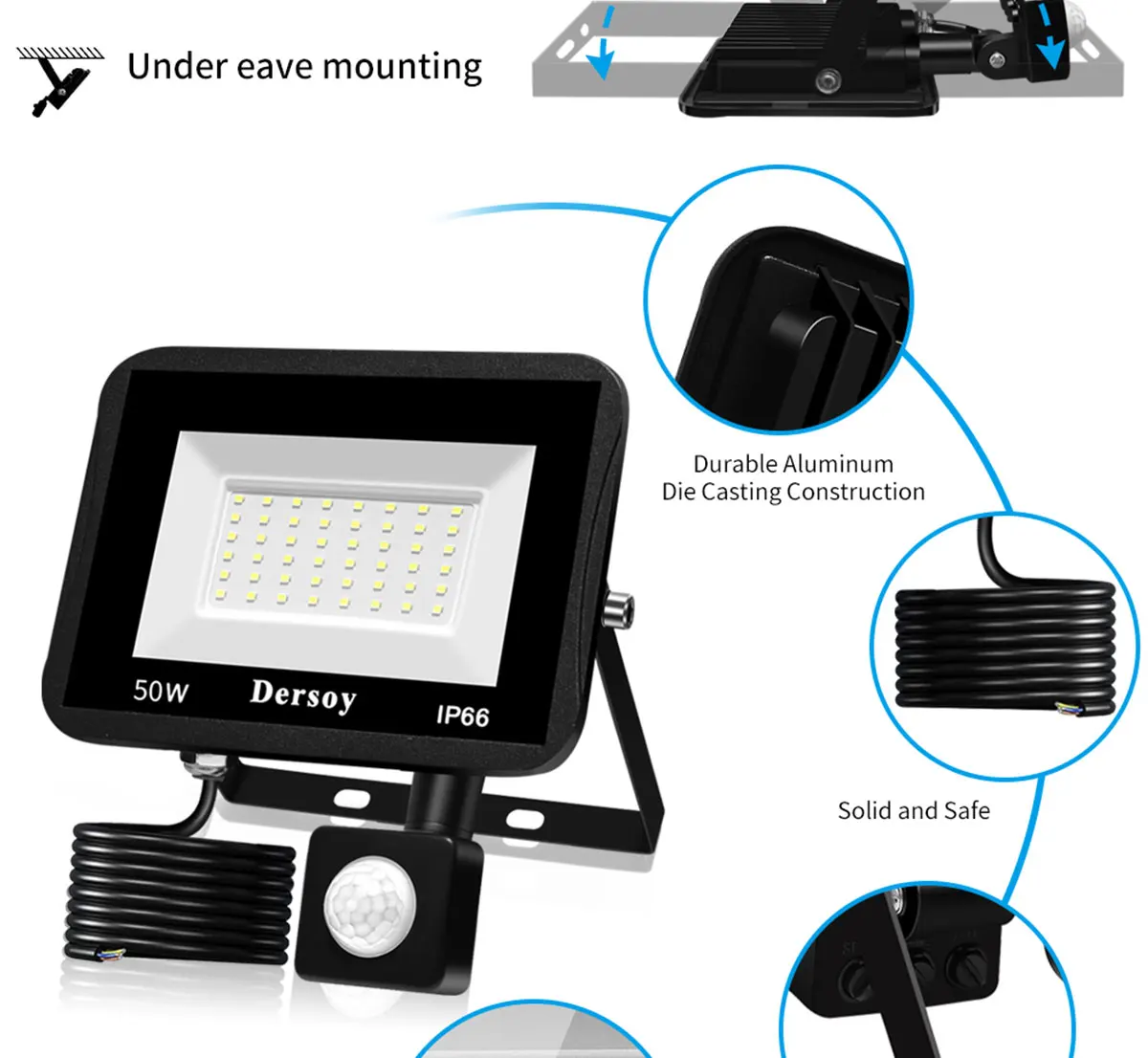 Luz de inundación LED con sensor de movimiento de 10 W para exteriores,  luces de seguridad sensibles a Pir, lámpara de pared IP66, reflector