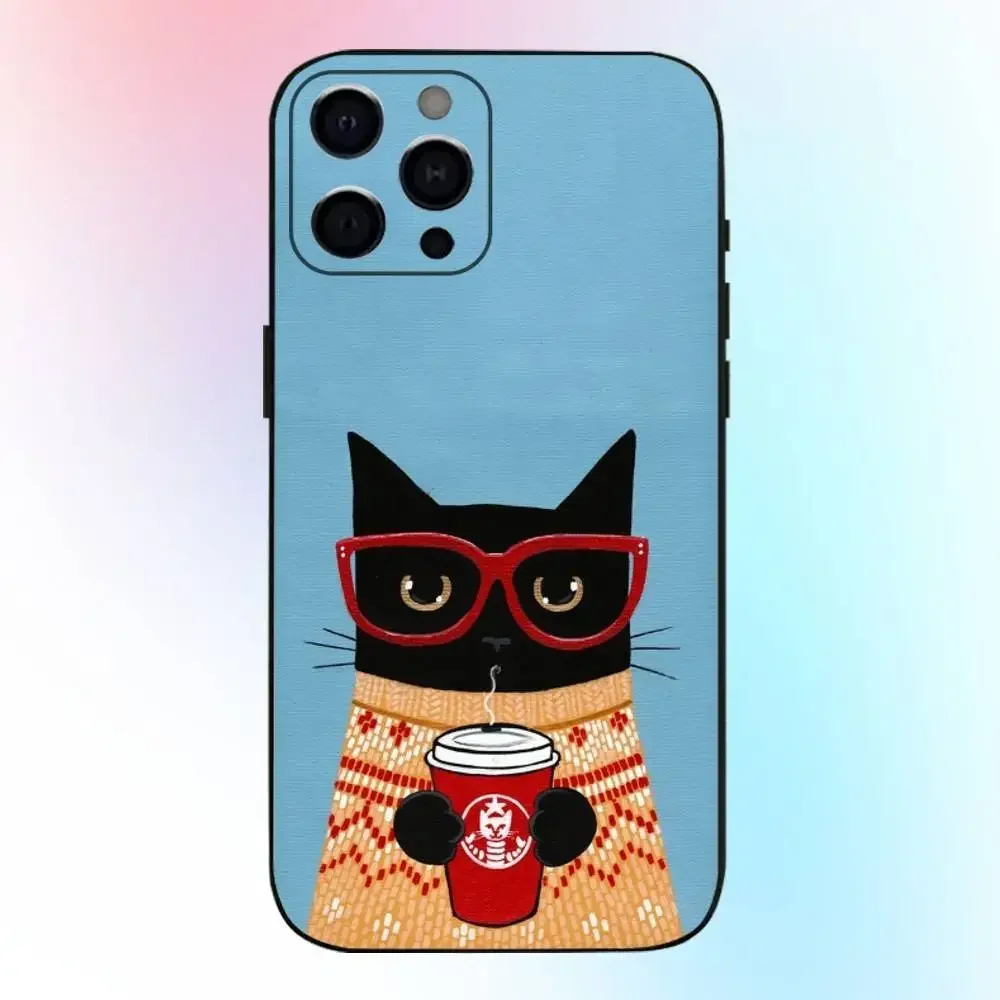 Striped Coffee Black Cat Shockproof Phone Case Cover