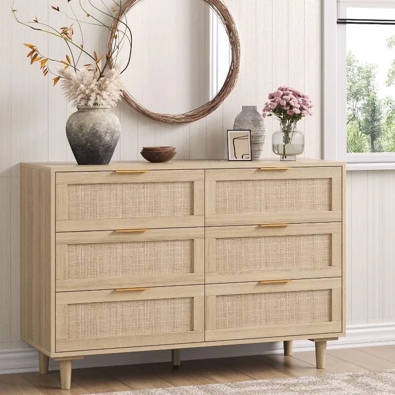 

Rattan Dresser for Bedroom, 6 Drawer Wide Dresser, Boho&Farmhouse Chest of Drawers, 43" Clothes Storage Cabinet