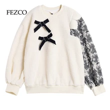 

FEZCO Autumn Winter Women White Fur French Kawaii Patchwork Bows Sweater O-neck Pullover Shirts Japanese Y2k Style Girls Tops