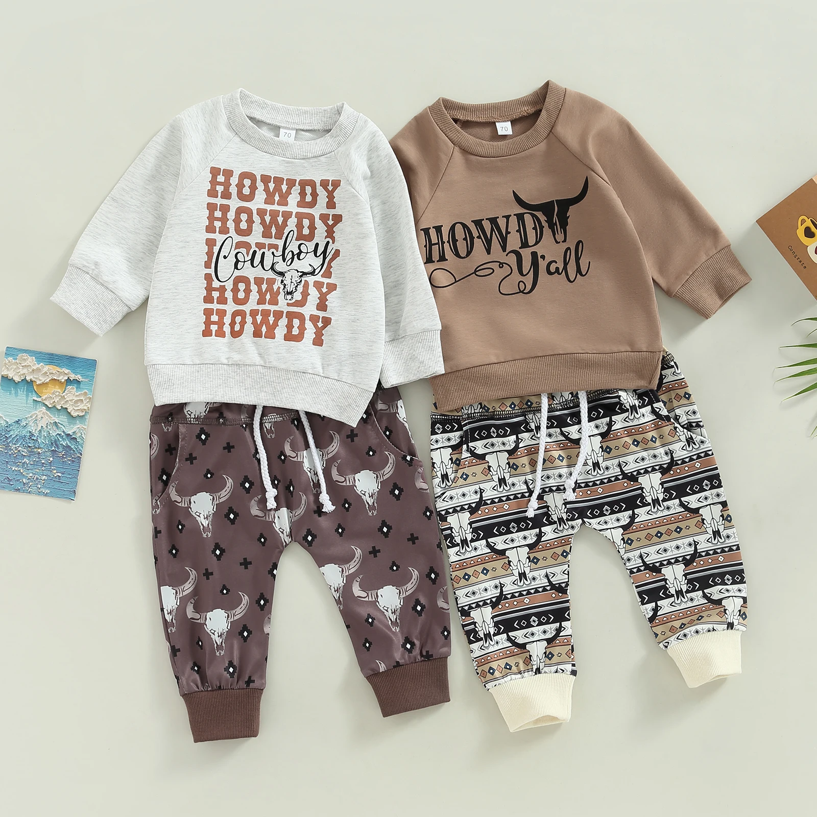 

2022-11-24 Lioraitiin 0-3Years Toddler Boy Clothes Long Sleeve Round Neck Bull Print Tops Drawstring Pants Outfits 2Colors
