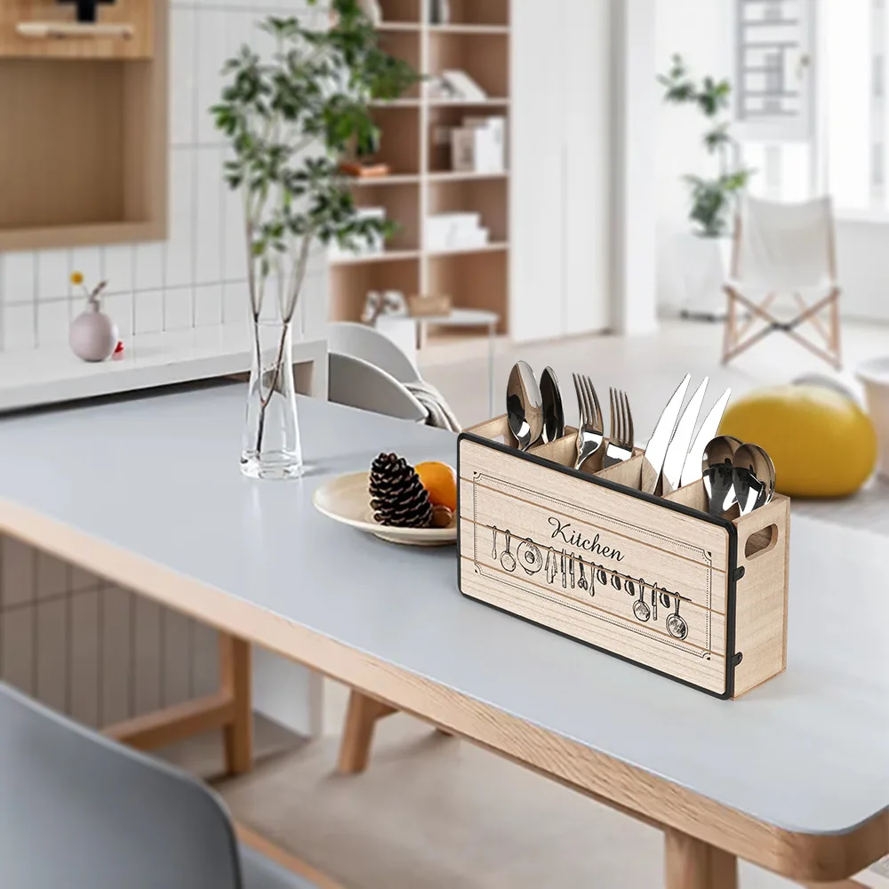 Wooden Kitchen Utensil Organizer Multi-Compartment Desktop Storage Box for Chopsticks Spoons Forks Knives Durable Cutlery Tray