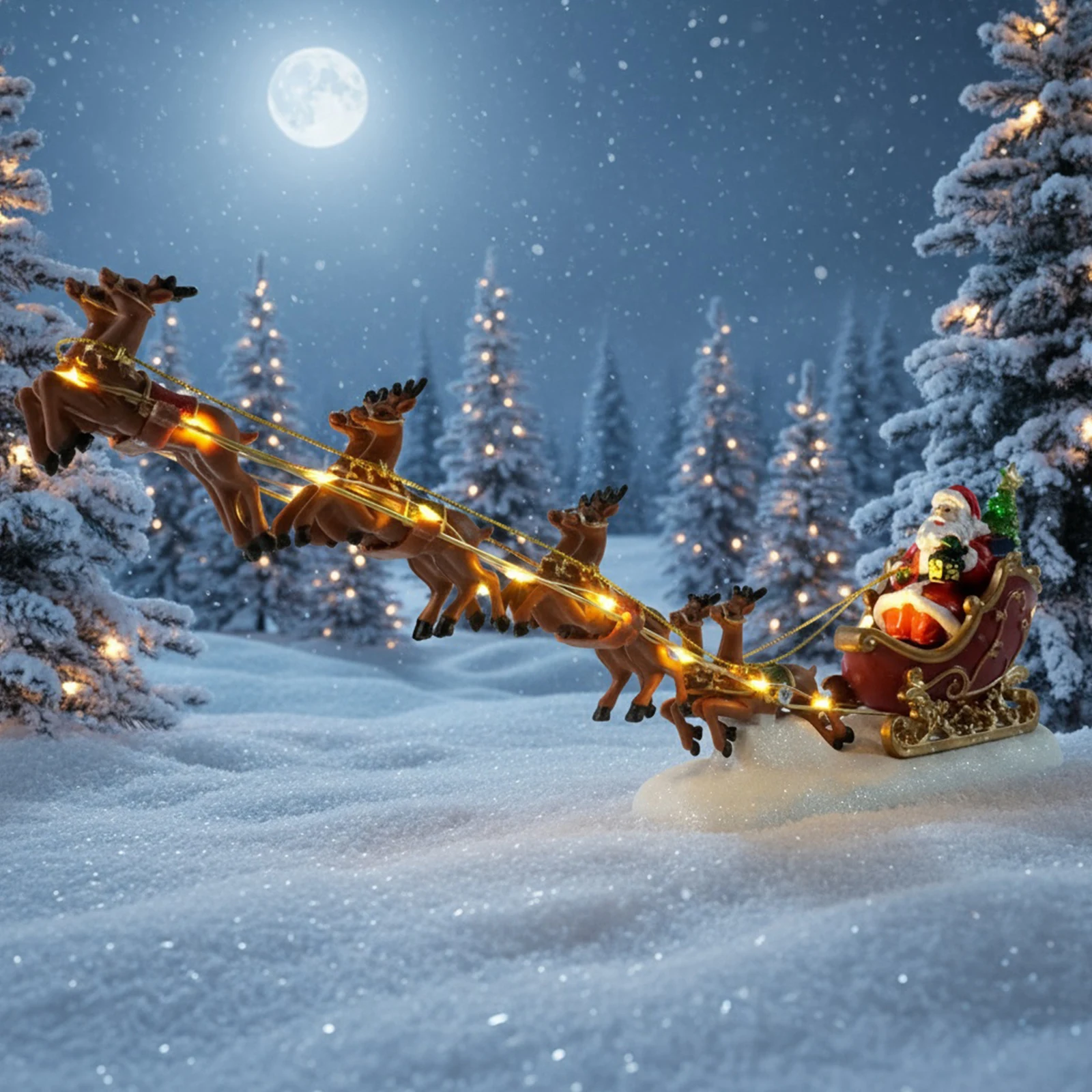 Christmas Santa Claus Sleigh and Reindeer Figurine with LED Lights Holiday Ornament Xmas Home Tabletop Decoration Gift