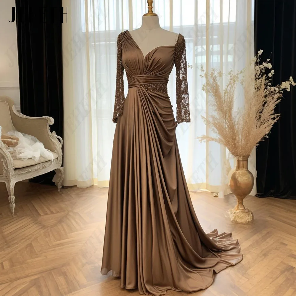 

JEHETH Elegant V-Neck Long Sleeves Prom Dress For Women A-Line Applique Real Photo Evening Gown Sweep Train فساتين سهره فاخره