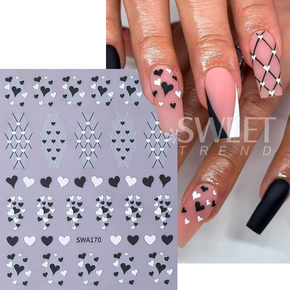 4pcs Black White Red Love Heart Nail Sticker Simple French Lines Star Love Adhesive Decal Valentine Design Manicure Decor Slider