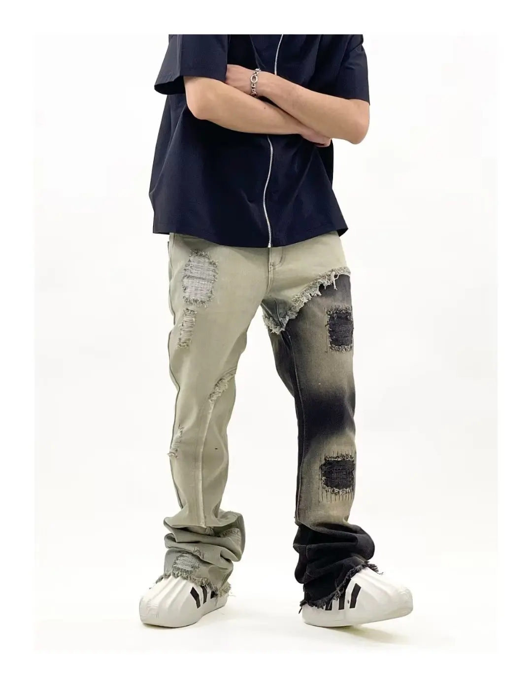 

Streetwear Flare Denim Pant High Designer Patchwork Distressed Men's Jeans