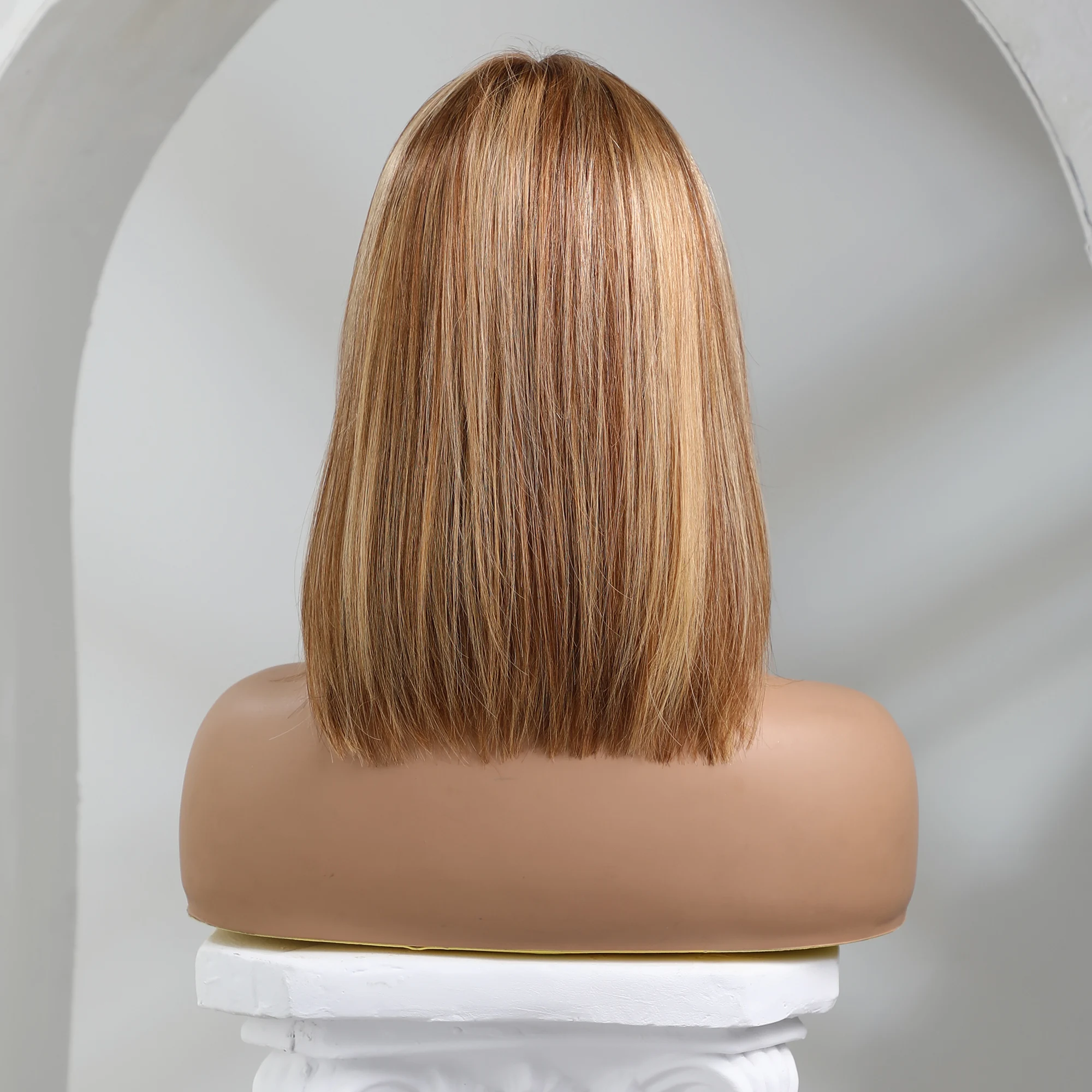 14 Inches Brown With Golden Human Hair Wig for Black Women Warm Blonde Highlight Lace Frontal Hair Short Straight Bob Human