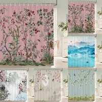 Flowers Birds Bath Curtain Waterproof Fabric Shower Curtains Floral Leaves Landscape Printing Bathroom Screen Home Decoration 1