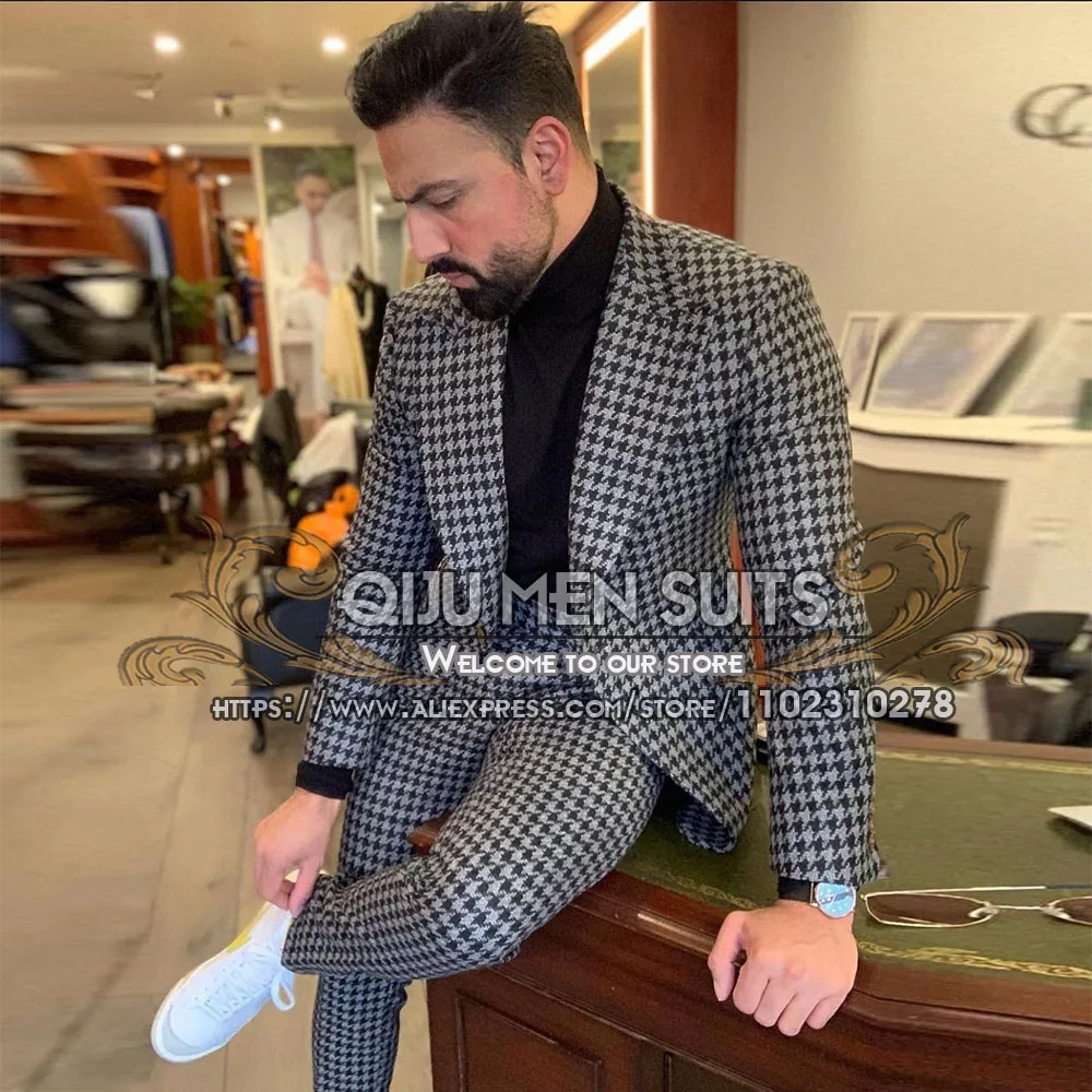 Grey Plaid Suits Men Vintage Groom Wear Blazer Sets Single Breasted Coat Pant Design Latest Male Business Party Dress 2 Pieces