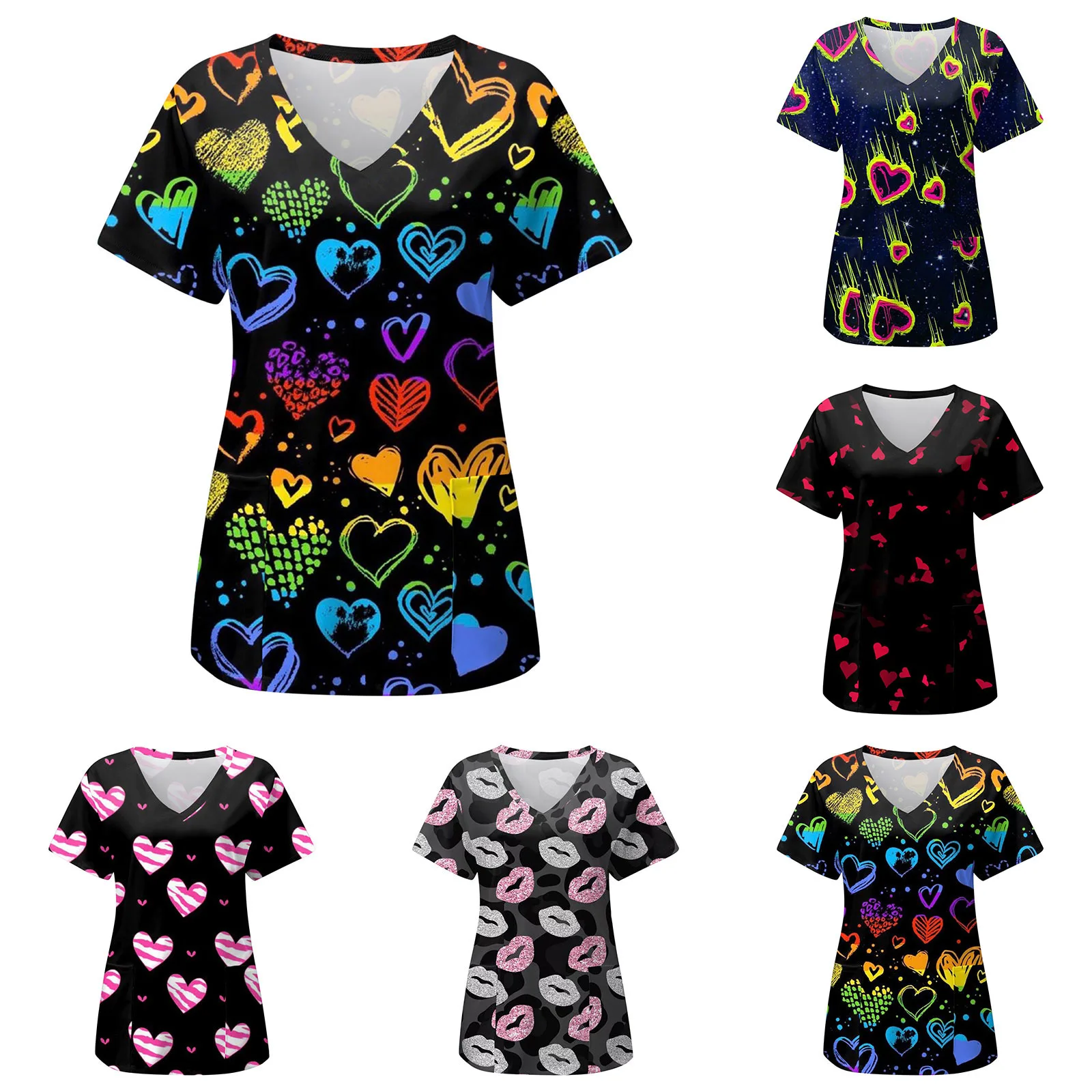 

Pharmacist Dentist Veterinary Nurse Uniform Slim Print Valentine's Day Beauty Scrubs Clothes Spa Clinical Medical Working Tops