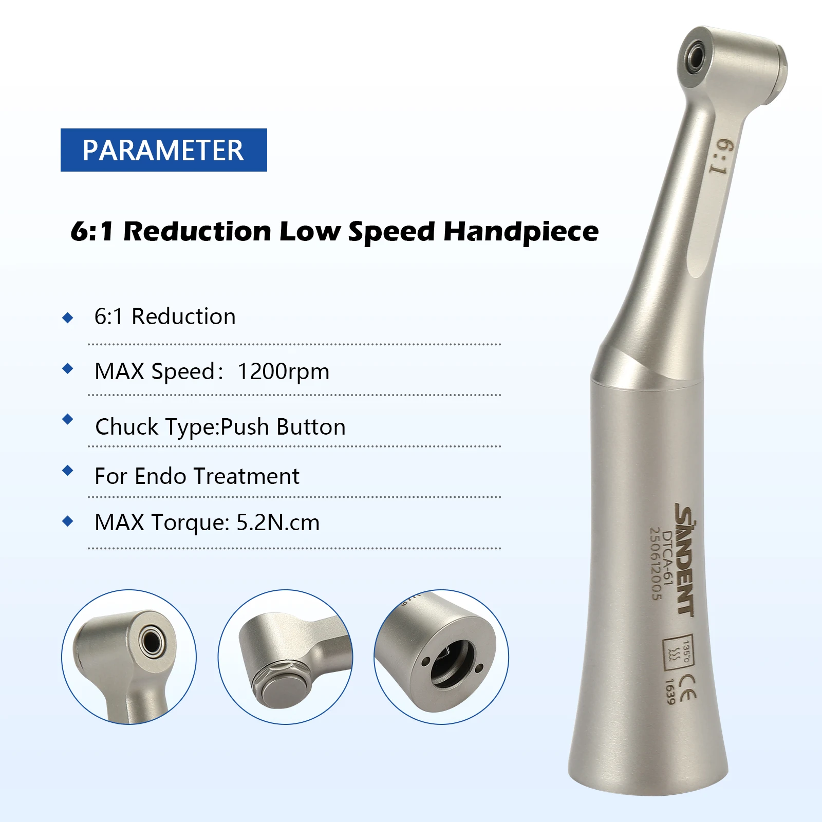 SANDENT Dental Endo Handpiece 6:1 Reduction Contra Angle Endodontic For NSK Sirona Electric Motors Dentsply / Endo Files