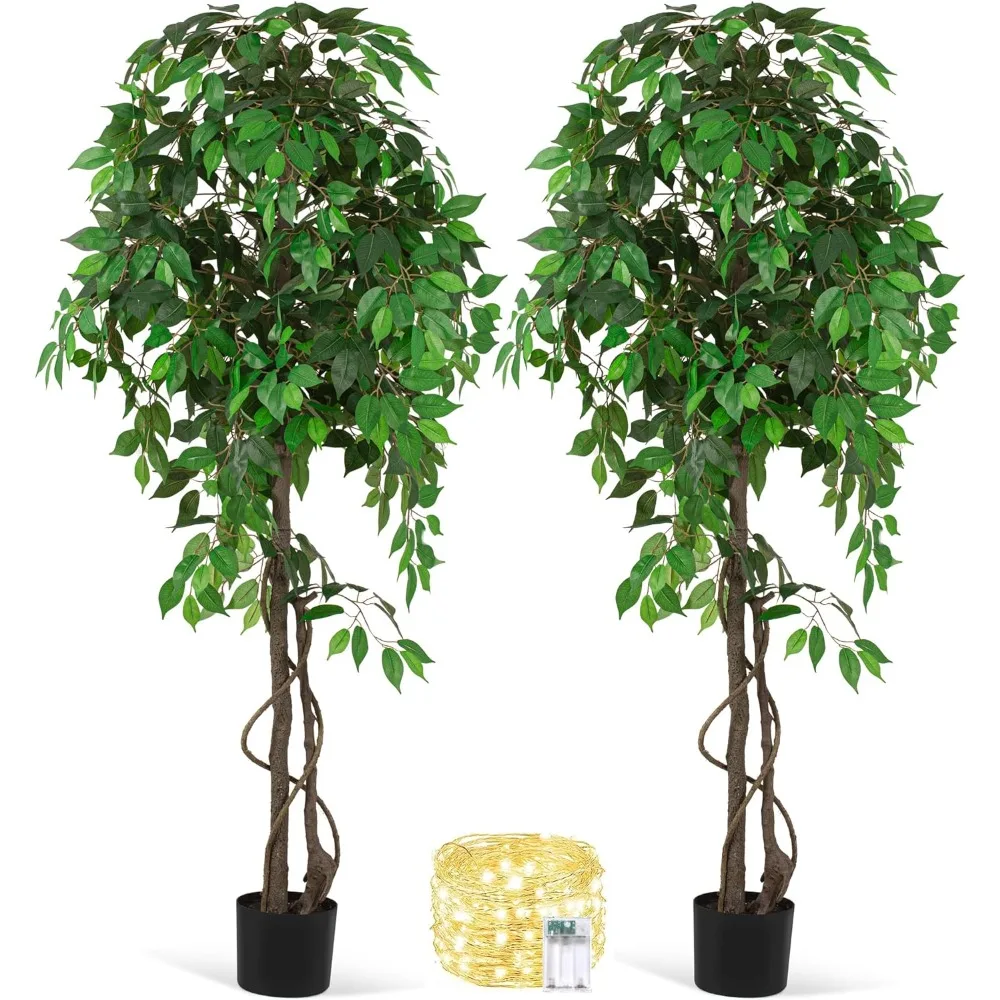 

2Pack 6FT Artificial Ficus Tree Tall Faux Trees Indoor,Fake Silk Tree Fake Plants with Plastic Nursery Pot for Office Home Decor