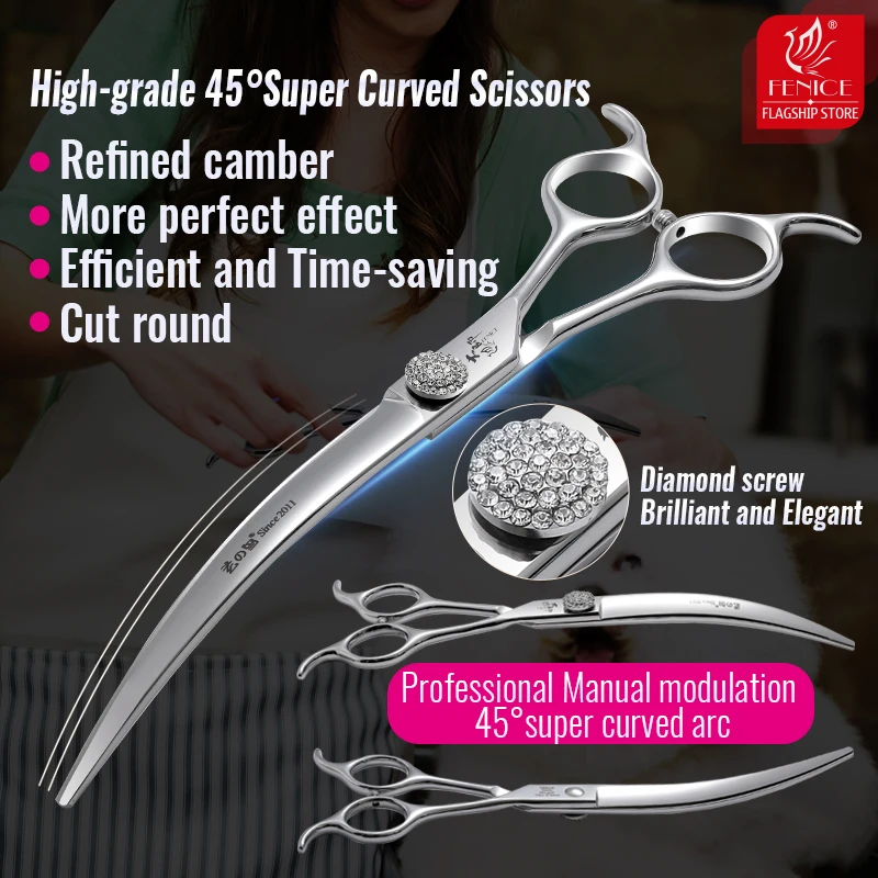 Fenice High-End 6.5/7.5 Pollici Jp440C Acciaio Brillante Brillante Diamante Vite Pet Grooming Forbici Curve Per Grooming