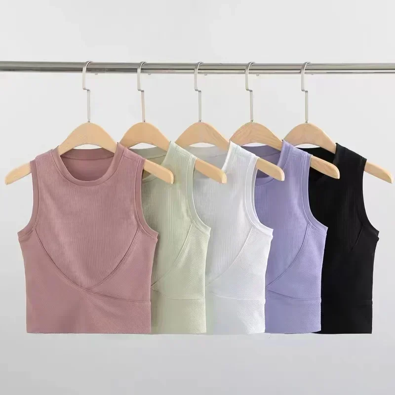 

Lemon High Neck Yoga Tank Tops Women Fitness Sleeveless Cami Top Sport Shirt Slim Ribbed Running Gym Shirt Built In Bra Crop Top