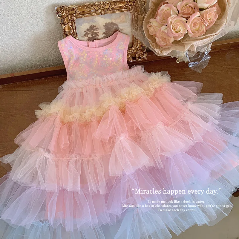 

2023 Baby Princess Cake Dress Summer New Children's Sleeveless Fluffy yarn Rainbow Sequin Girls' Dress for Party Wedding dress