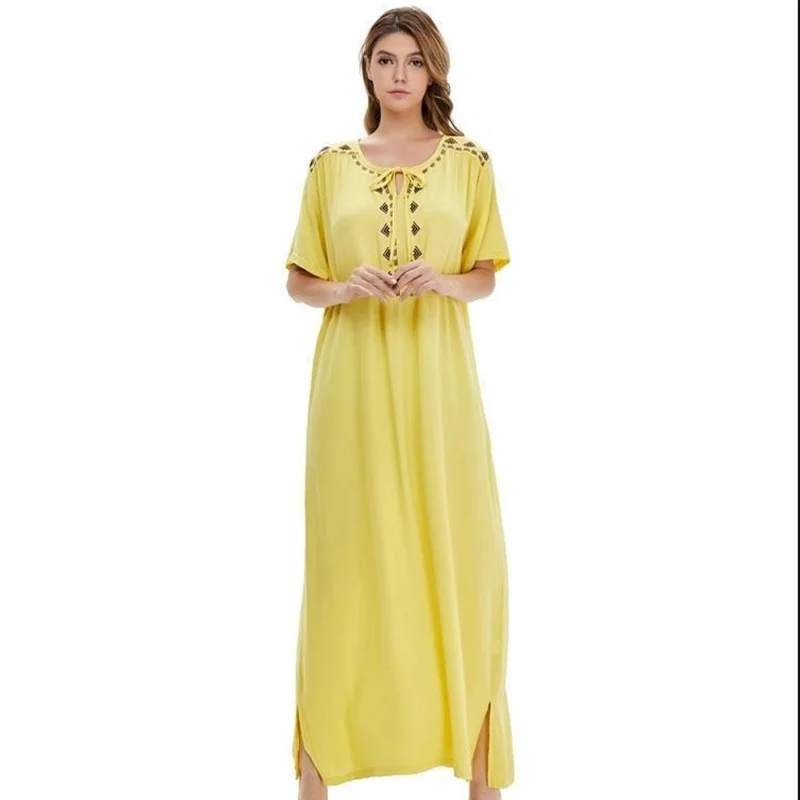 Dubai Turkish Muslim Abaya Femme Solid Color Short Sleeve Loose Fashion Women's Dress Middle East Saudi Arabia Islamic Clothing