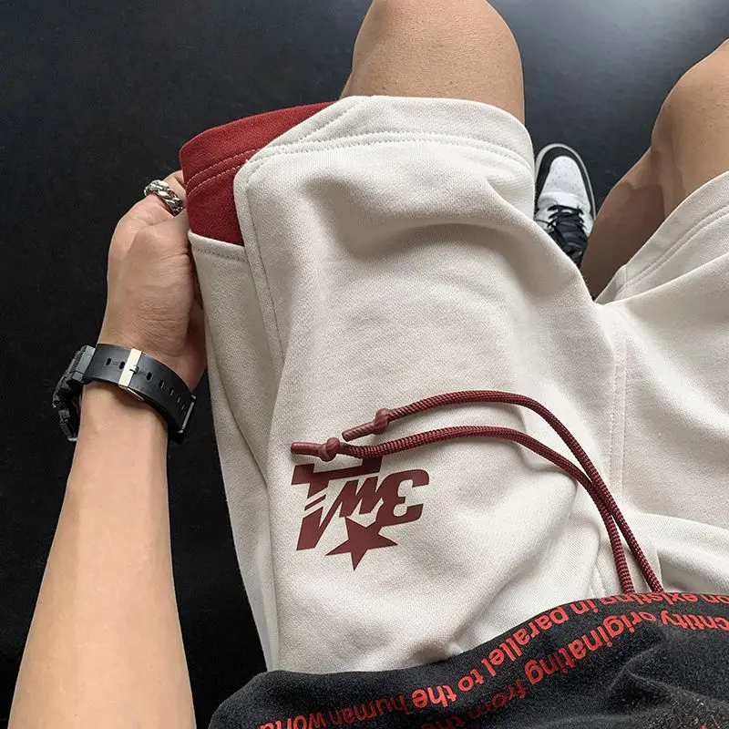 American basketball sports shorts for men in summer, fake two-piece spliced pants, handsome drawstring casual pants y2k pants