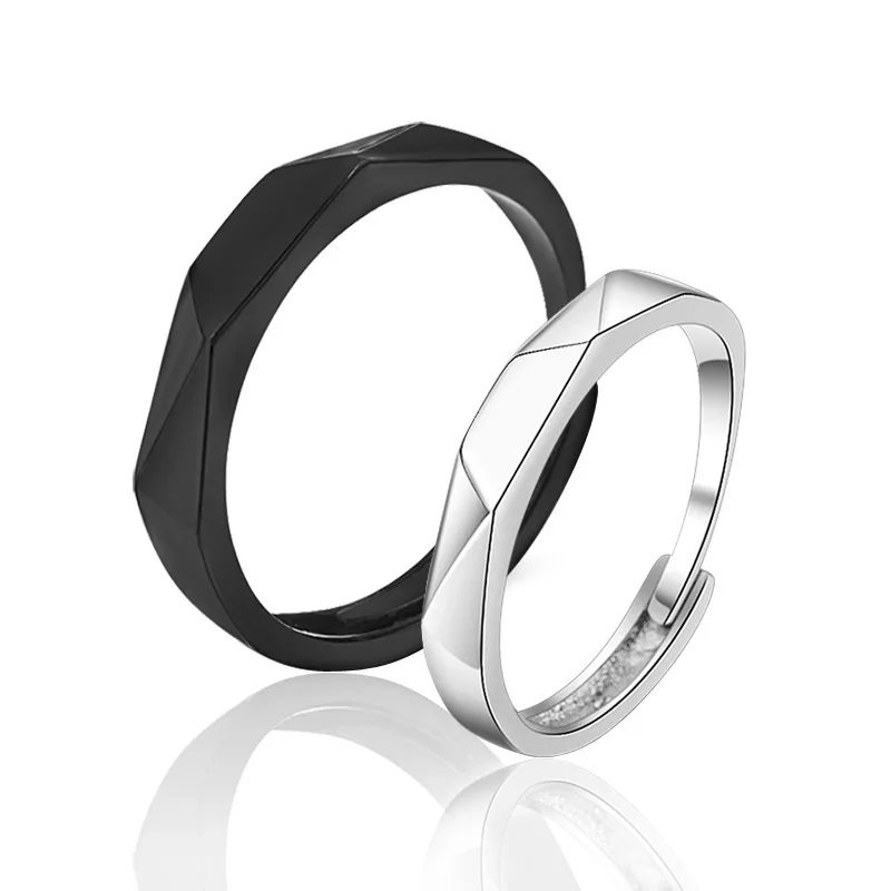Sleek Geometric Black and White Adjustable Couple Rings