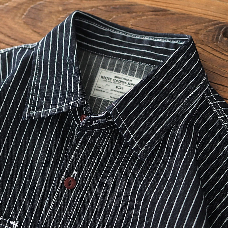 Autumn American Retro Heavyweight Denim Cargo Embroidery Striped Shirt Men's Fashion Pure Cotton Washed Casual Blouses Jacket