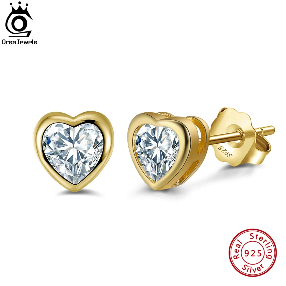 

ORSA JEWELS 14K Gold Plated Sterling Silver Brilliant Heart Cubic Zirconia Earrings Premium CZ Earings 925 Jewelry Gifts APE44