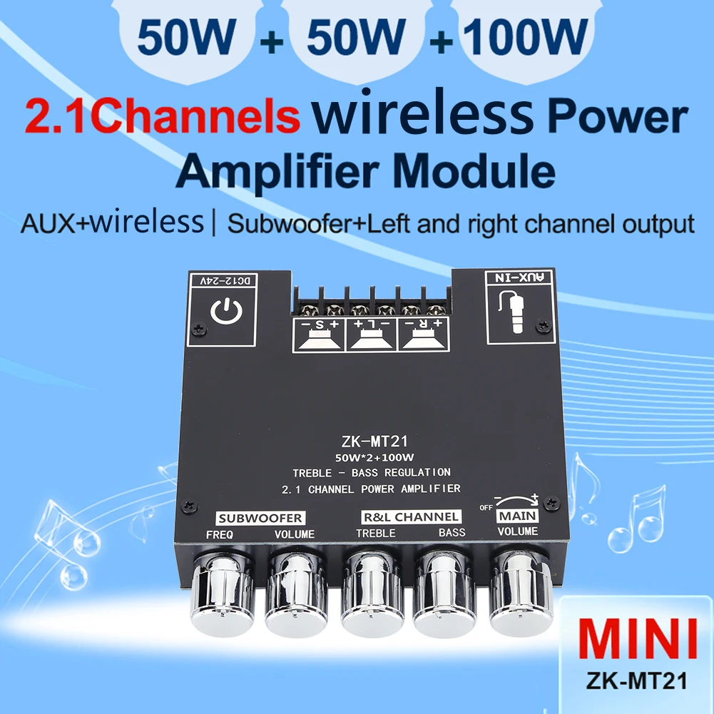 ZK-MT21 Bluetooth-compatible 2.1 50WX2+100W Channel Bass Power Subwoofer Amplifier Board AUX Audio Stereo Power Amplifier Module