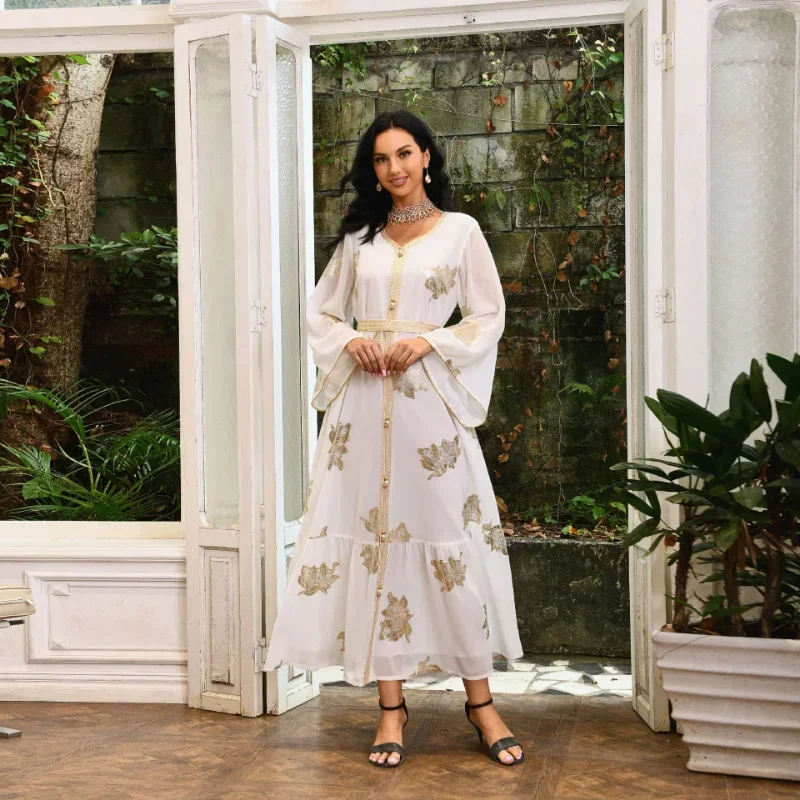 Muslim Abayat Dress with Gold Stamping, Chiffon Dress, Party Dress, Turkey Kaftan Robe, Middle East, Fashion Selling, 2022