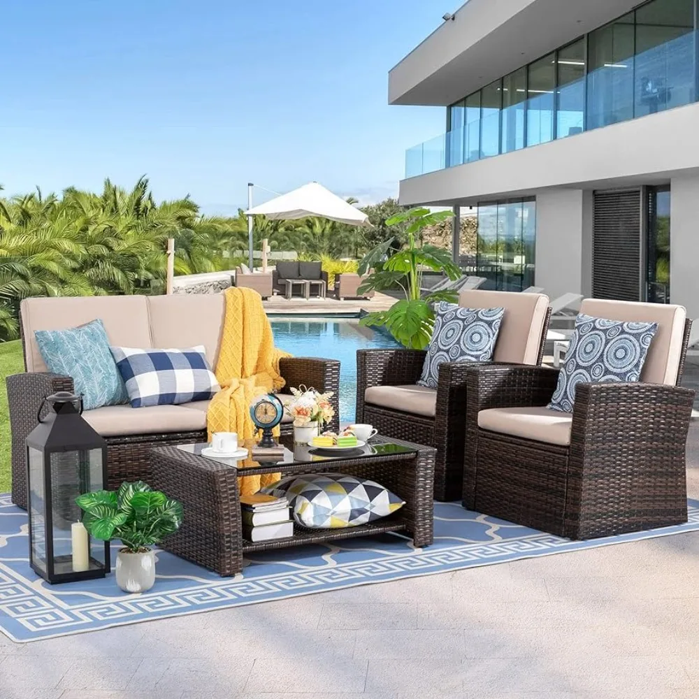 

Outdoor Patio Furniture 4 Piece Set, Wicker Rattan Sectional Sofa Couch with Glass Coffee Table | Brownfreight free