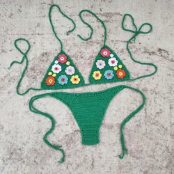100% Hand Crochet Bikini Set Flower Applique
