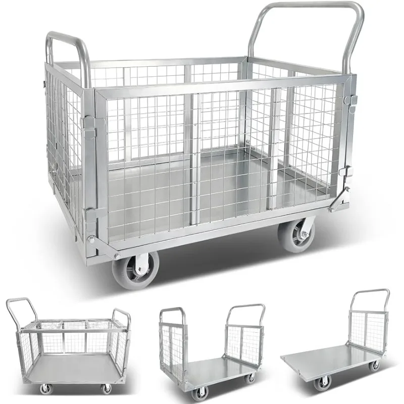 

Platform Truck Cart with Cage,Foldable Flat Cage Cart 4-in-1,Dolly Load 1600LBS, Flatbed Fence Multipurpose Utility Cart