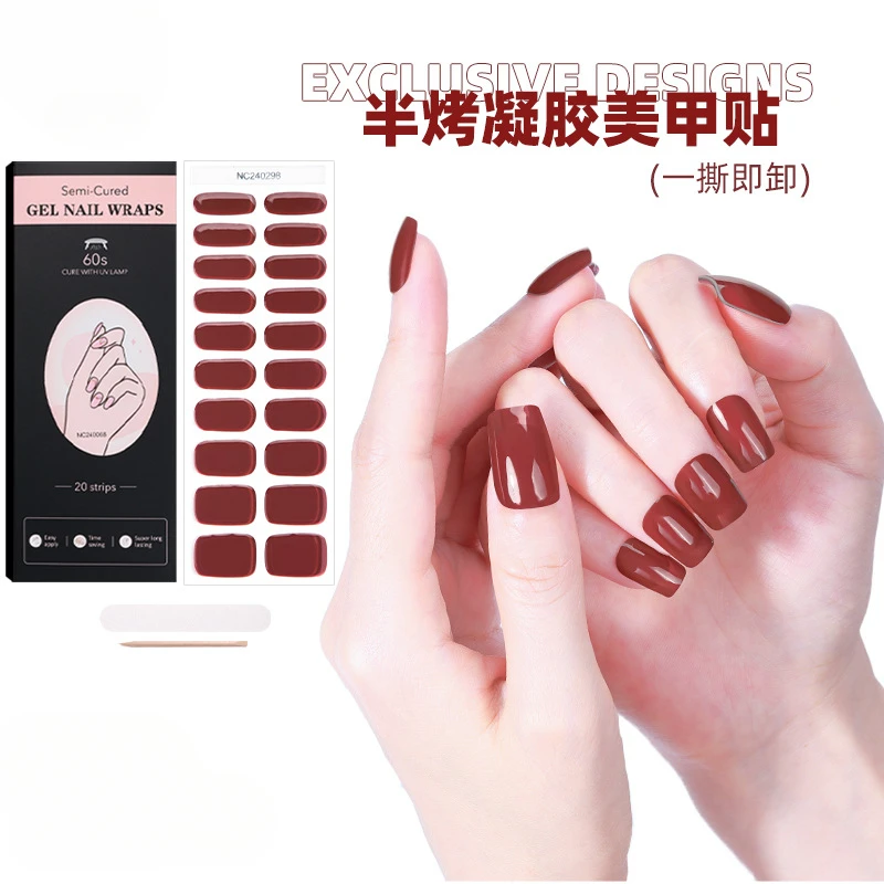 20Tips French Semi Cured Gel Nail Strips Patch Slider Solid Color Nail Gel UV Stickers Long Lasting Full Manicure Decoration DIY