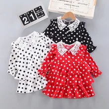 

Costumes for Girls Dot Long Sleeve Cute Kindergarten Toddler Princess Dress Spring 2022 Lace Neck Trend Baby Children's Clothes