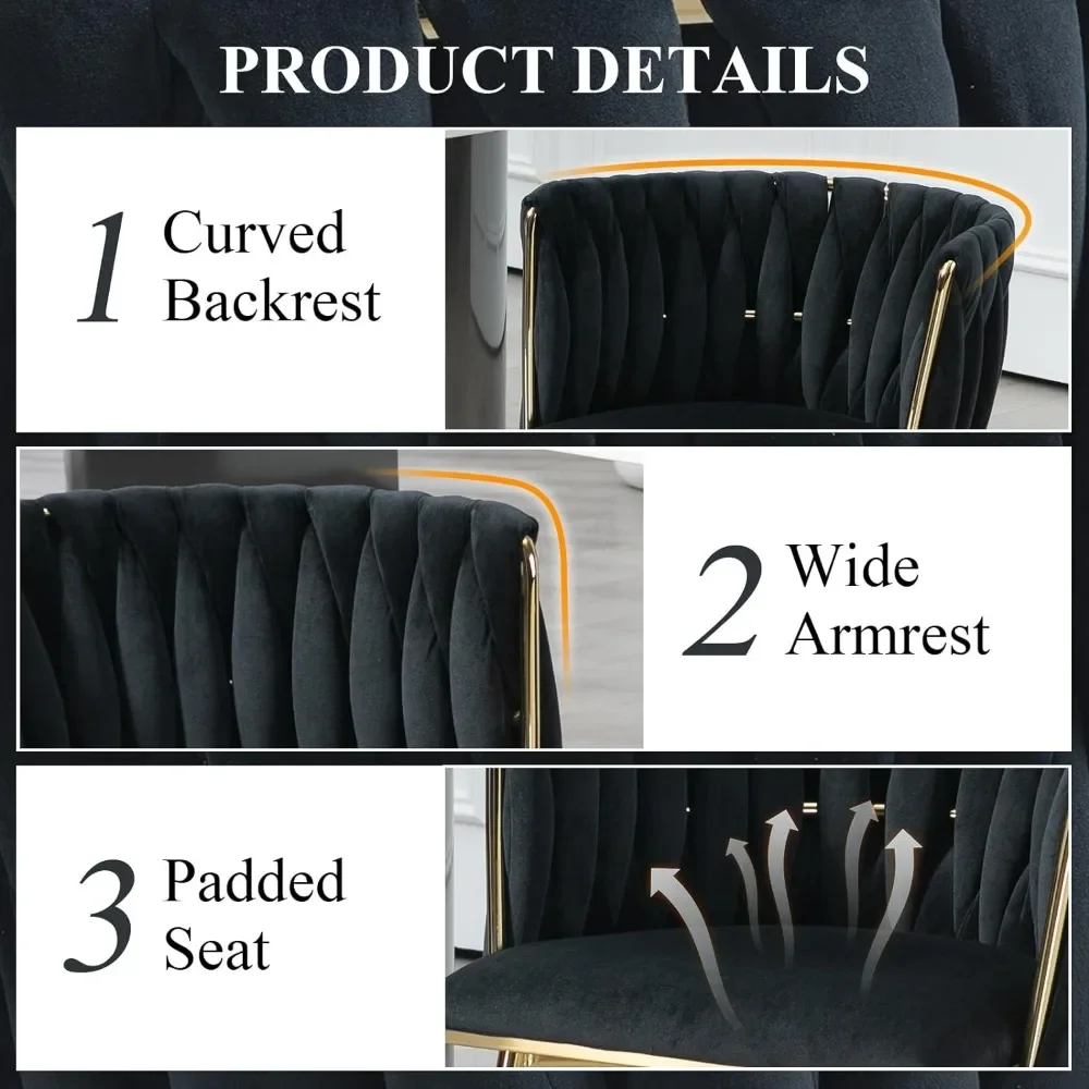 Modern Velvet Dining Chairs Hand Weaving Accent Upholstered Side Chair with Golden Metal Legs for Dining Room
