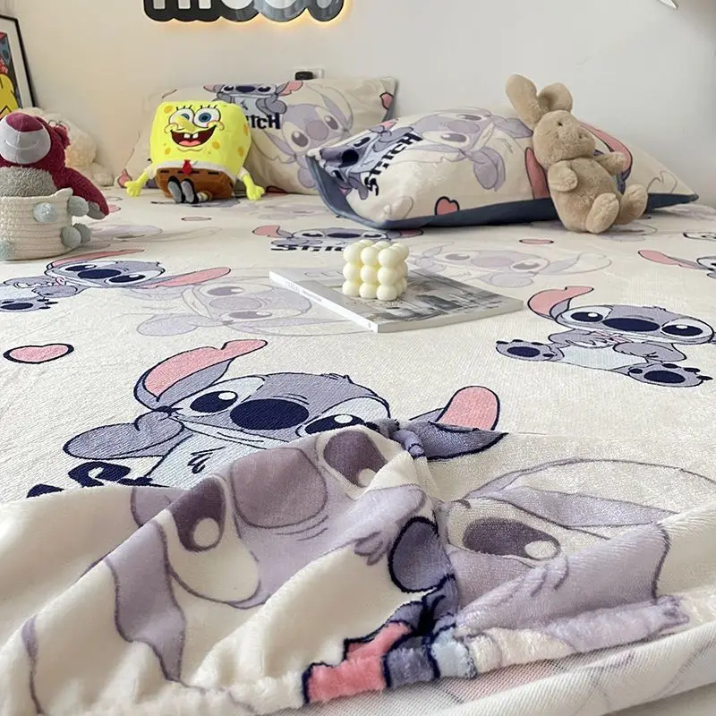 Cute Cartoon Stitch Plush Fuzzy 3 Pcs Bed Sets Winter Thickened Velvet Bed Cover Queen Size Fitted Sheet and 2 Pcs Pilowcases