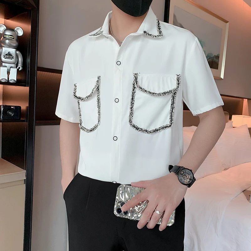 2023 Summer Ice Silk Shirt for Men Short Sleeve Loose Casual Shirts Fashion Streetwear Social Party Tuxedo Blouse Men Clothing