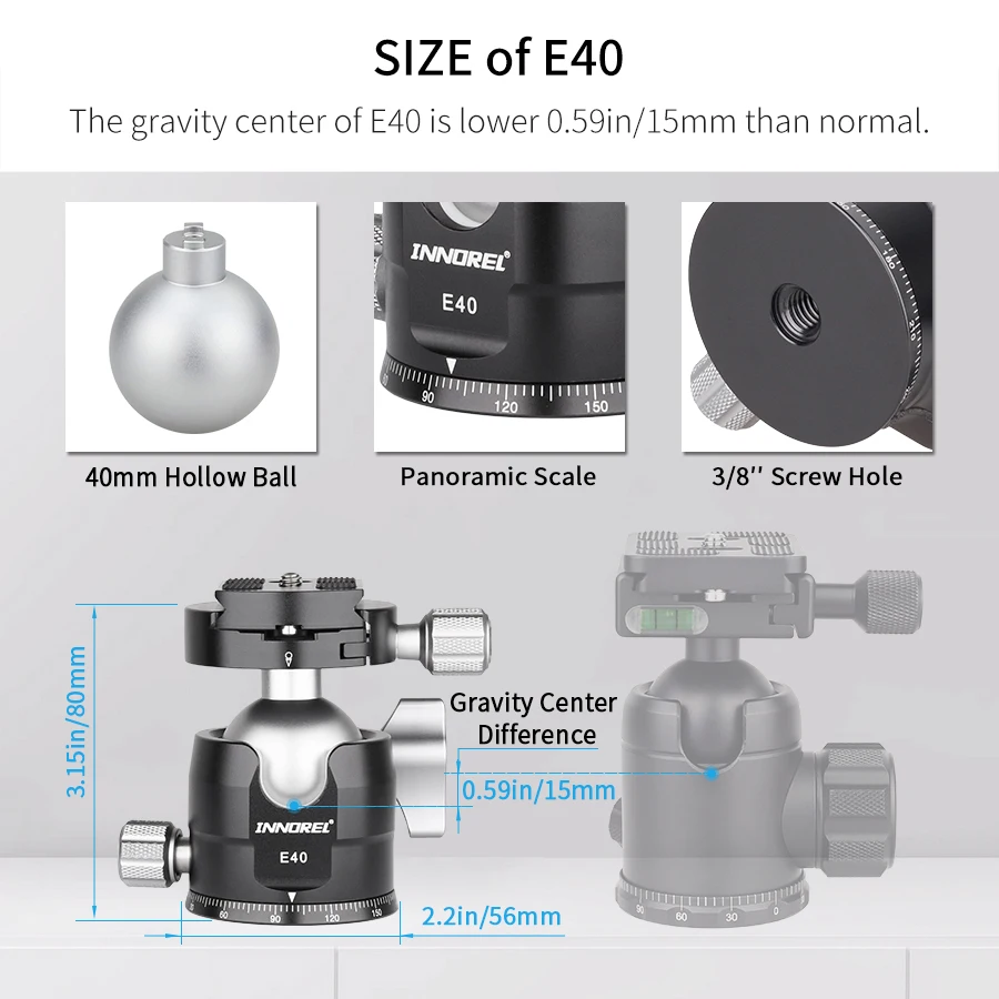 E34/E40 Professional Tripod Ball Head Low Profile Gravity Center Panoramic Ballh