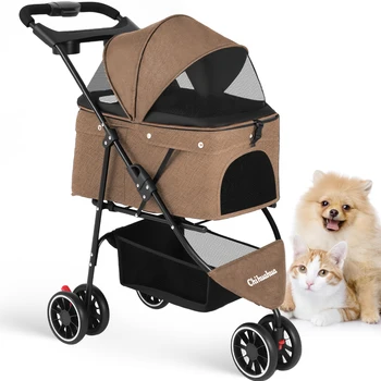 Portable Foldable Pet Stroller for Small Dogs & Cats, Travel Carrier with Canopy, Storage Basket 5