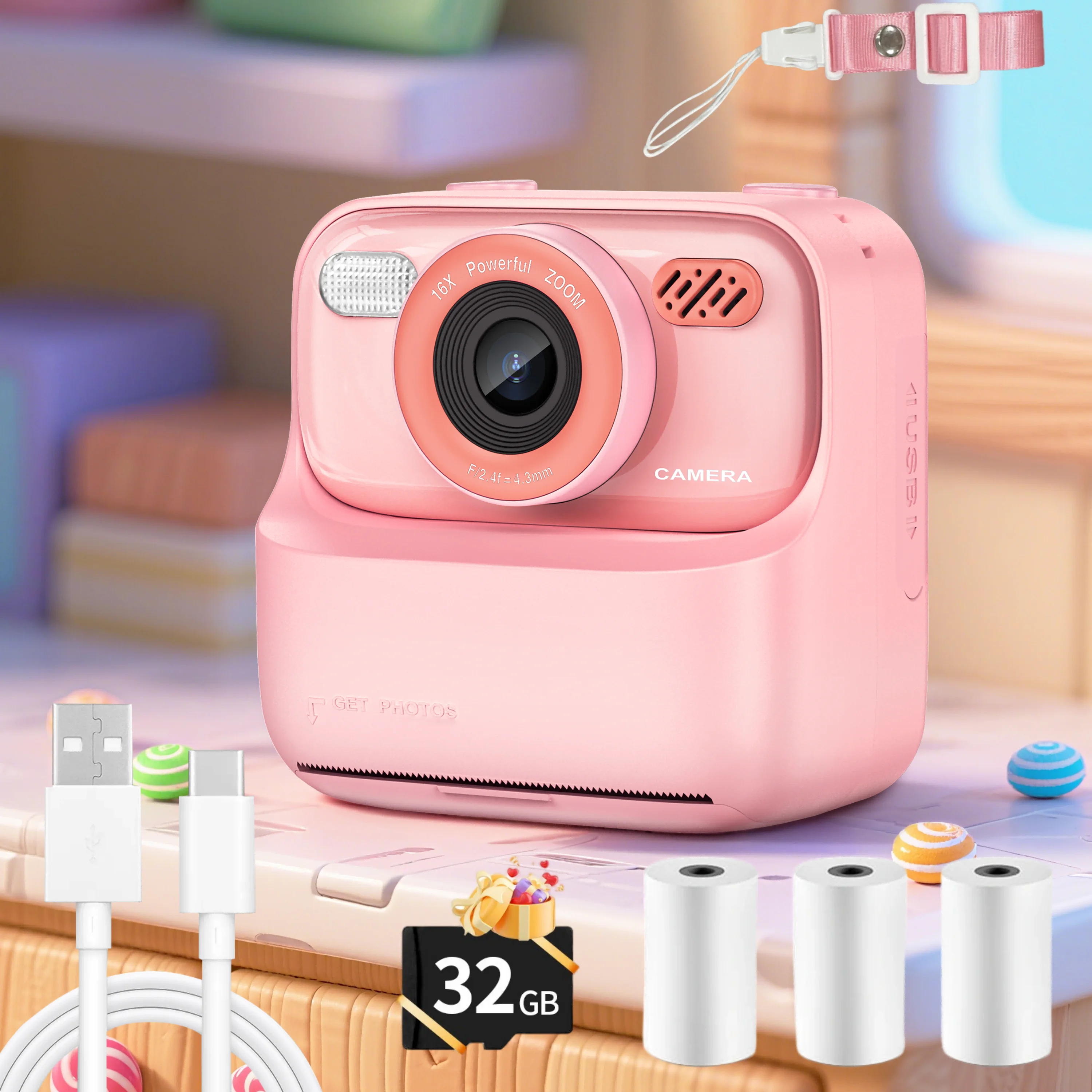 [מצלמת הדפסה מיידית] מצלמת הדפסה מיידית, מצלמה דיגיטלית דו עדשה ברזולוציית 48 מגה פיקסל |   סלפי 1080P, הדפסה מיידית, כרטיס TF.